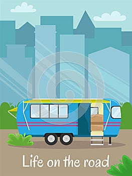 Retro house on wheels for traveling. Car travel. Vector flat illustration. Motorhome in the city.