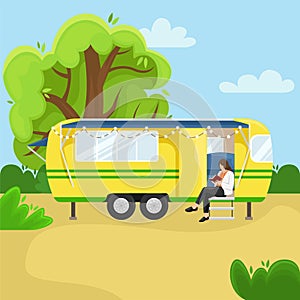 Retro house on wheels for traveling. Car travel. Vector flat illustration. Motorhome in a forest
