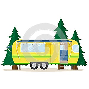 Retro house on wheels for traveling. Car travel. Vector flat illustration. Motorhome with lights