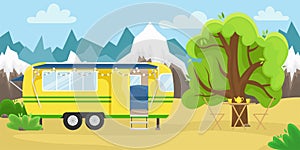 Retro house on wheels for traveling. Car travel. Vector flat illustration. Motorhome in the mountains