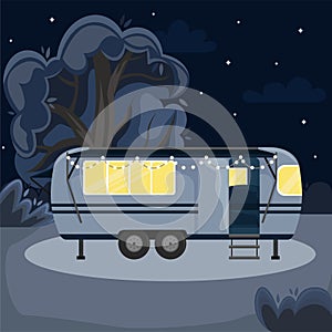 Retro house on wheels for traveling. Car travel. Vector flat illustration. Motorhome in the night forest