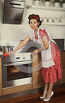 Retro housewife cleaning kitchen