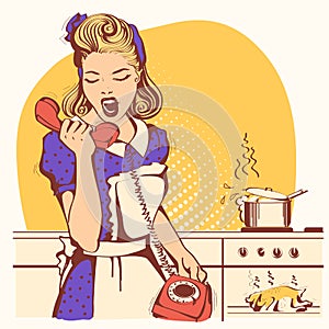 Retro housewife talking and shouting on the phone in the kitchen