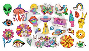 Retro icons in 70s style. Psychedelic funky graphic elements of mushrooms, flowers, rainbow, music, ufo, rollers