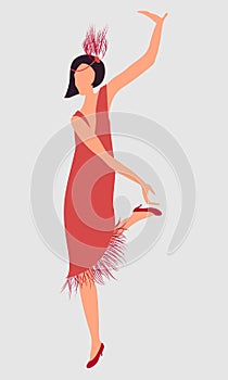 Retro illustration. The dark-haired girl of 1920s in a red dress, dancing an incendiary dance