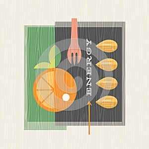 Retro illustration of healthy produce includes oranges and almonds