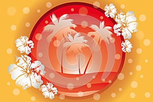 Retro illustration of palms, waves, hibiscus flowers and soap bubbles in warm orange and yellow tones