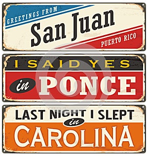 Retro illustration with Puerto Rico cities tin signs.