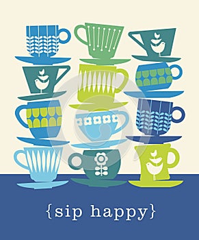 Retro illustration of stacks of tea cups