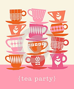 Retro illustration of stacks of tea cups