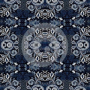 Retro indigo floral bandana 2 tone patterned fabric background. Seamless boho denim blue design. Fashion masculine wall