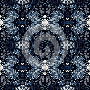 Retro indigo floral bandana 2 tone patterned fabric background. Seamless boho denim blue design. Fashion masculine wall