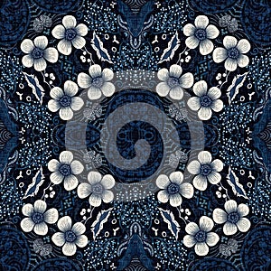 Retro indigo floral bandana 2 tone patterned fabric background. Seamless boho denim blue design. Fashion masculine wall