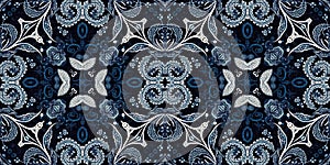 Retro indigo floral bandana 2 tone patterned fabric border background. Seamless boho denim blue banner edge design