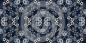 Retro indigo floral bandana 2 tone patterned fabric border background. Seamless boho denim blue banner edge design