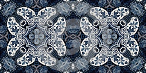 Retro indigo floral bandana 2 tone patterned fabric border background. Seamless boho denim blue banner edge design