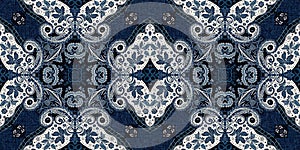 Retro indigo floral bandana 2 tone patterned fabric border background. Seamless boho denim blue banner edge design