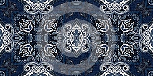 Retro indigo floral bandana 2 tone patterned fabric border background. Seamless boho denim blue banner edge design