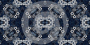 Retro indigo floral bandana 2 tone patterned fabric border background. Seamless boho denim blue banner edge design