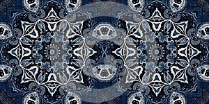 Retro indigo floral bandana 2 tone patterned fabric border background. Seamless boho denim blue banner edge design