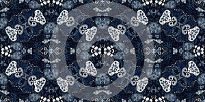 Retro indigo floral bandana 2 tone patterned fabric border background. Seamless boho denim blue banner edge design