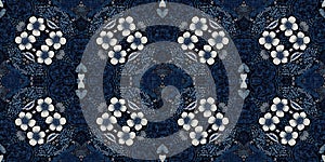 Retro indigo floral bandana 2 tone patterned fabric border background. Seamless boho denim blue banner edge design