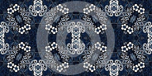 Retro indigo floral bandana 2 tone patterned fabric border background. Seamless boho denim blue banner edge design