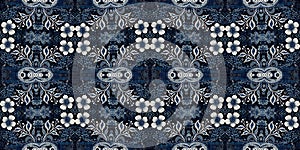 Retro indigo floral bandana 2 tone patterned fabric border background. Seamless boho denim blue banner edge design