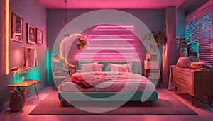 A retro-inspired bedroom with neon lights reminiscent of the