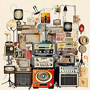 Retro-inspired Collage of Old Radios Playing Nostalgic Tunes