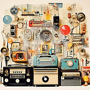 Retro-inspired Collage of Old Radios Playing Nostalgic Tunes