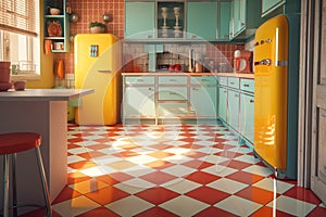 A retro-inspired kitchen with a checkered floor. Generated AI