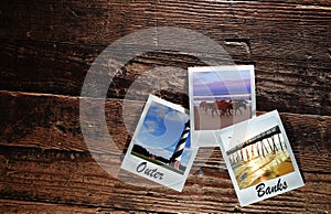 Retro instant camera photos with images from NC Outer Banks on vintage hardwood floors
