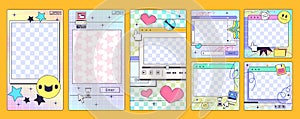 Retro interface post. Social media story posts template, vintage window frame comic fun internet poster screen elements