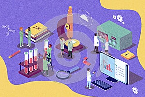 Retro isometric illustration concept. Research laboratory, scientis working at laboratorium. photo