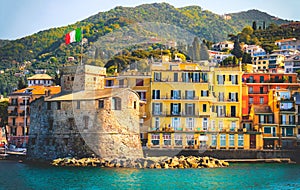 Retro italian castle seaside vintage travel background Castello di Rapallo italian riviera - Italy