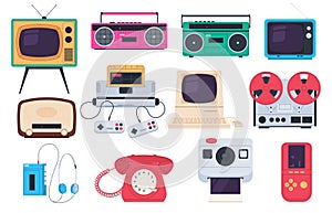 Retro items, TV, computer, music recorders. Devices and gadgets of the 90s. Elements for retro banners. Vector