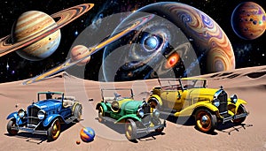 Retro jalopy tour car transportation universe planet milky way travel