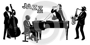 Retro Jazz Club Silhouettes Set. Singer woman sitting on a piano., Pianist, Double Bassist, Saxophonist