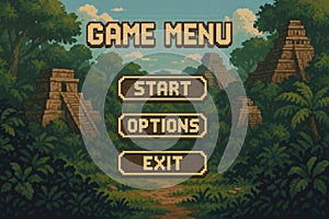 Retro Jungle Adventure Game Menu with Ancient Temple Backdrop for Video Game Design photo