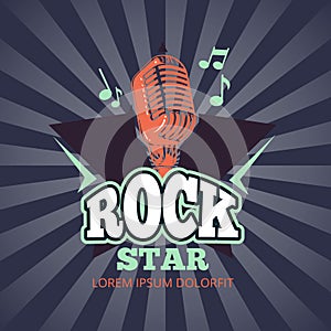 Retro karaoke music club, audio record studio vector logo, badge with microphone and star on sunburst background