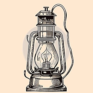 Retro kerosene lamp hand drawn sketch in doodle style Vector illustration