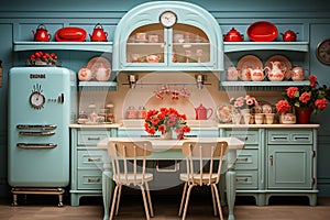Retro kitchen midcentury modern design, characterized by clean lines and iconic shapes, bright color from 60s and 70s