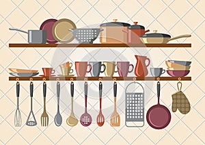 Retro kitchen shelves and cooking utensils