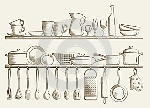 Retro kitchen shelves and cooking utensils.