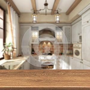 Retro kitchen, wooden table on blur background for product montage display