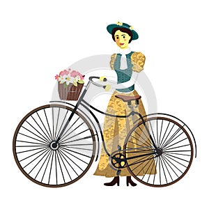 Retro lady on a bicycle with hat and basket vector Illustration isolated