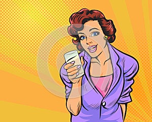 Retro lady with glass of water. Vector Illustration In Retro Vintage Pop Art Comic Style