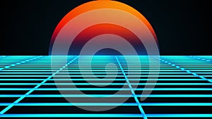 Retro landscape of the 80s. Computer generated futuristic sun and surface of grid. 3D rendering retro background.