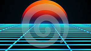 Retro landscape of the 80s. Computer generated futuristic sun and surface of grid. 3D rendering retro background.